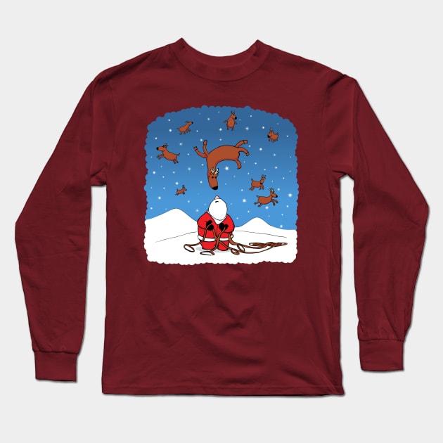 Santa Wrangling Flying Reindeer Long Sleeve T-Shirt by dittmitx